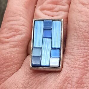 Vtg Artisan Signed 925 Sterling Silver Blue Opalescent Mosaic Glass Ring Sz 8.5